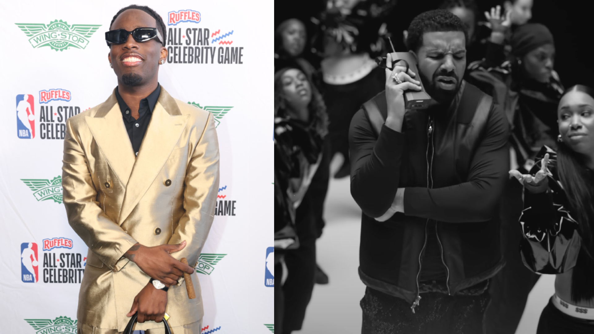 Left: Kai Cenat in a gold suit at an NBA All-Star Celebrity Game event. Right: Drake holding a phone, surrounded by people in a black and white setting.