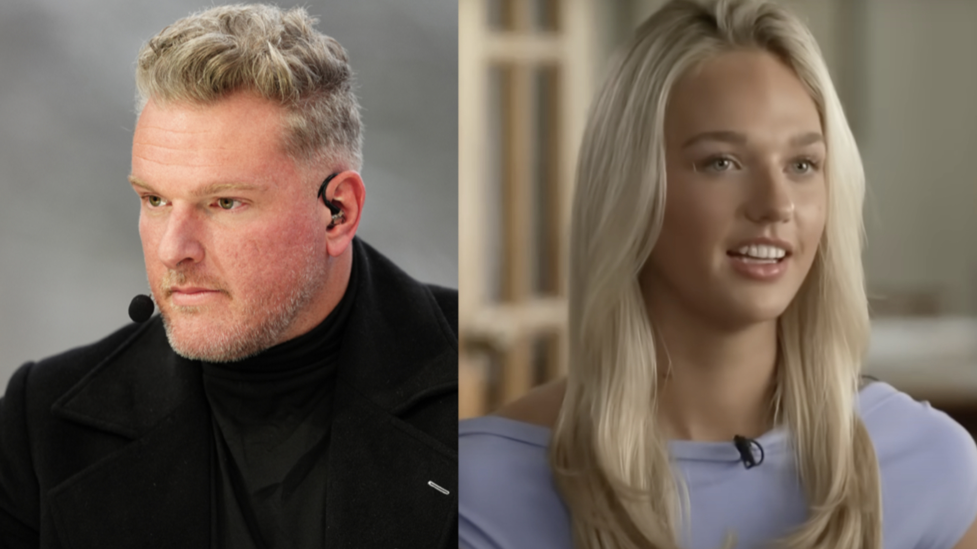 Pat McAfee with short, light hair wearing a black coat and earpiece, and Mary Kate Cornett with long blonde hair in a light top, both looking thoughtful.
