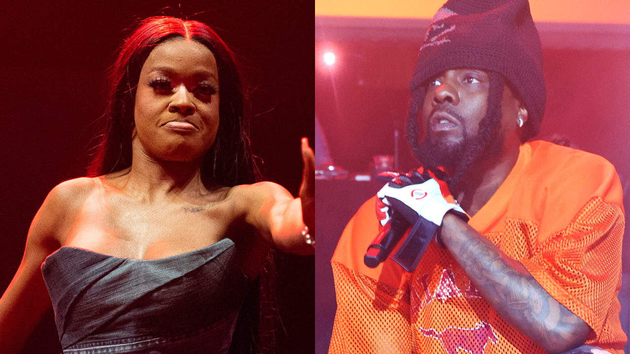 (L) Azealia Banks performing in a strapless dress. (R) Wale wearing an orange jersey and beanie, holding a microphone.