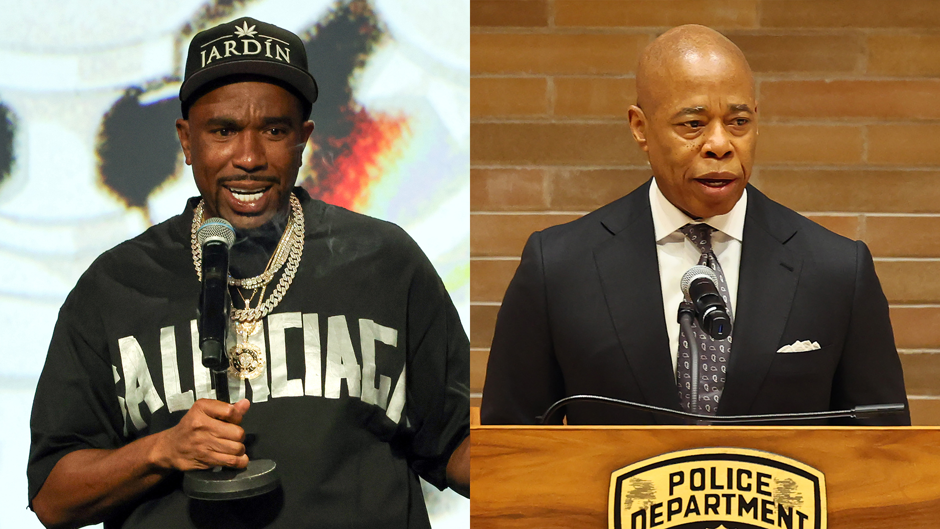 N.O.R.E. on the left, wearing a black shirt and cap, speaking into a mic. Eric Adams on the right, in a suit, at a podium.