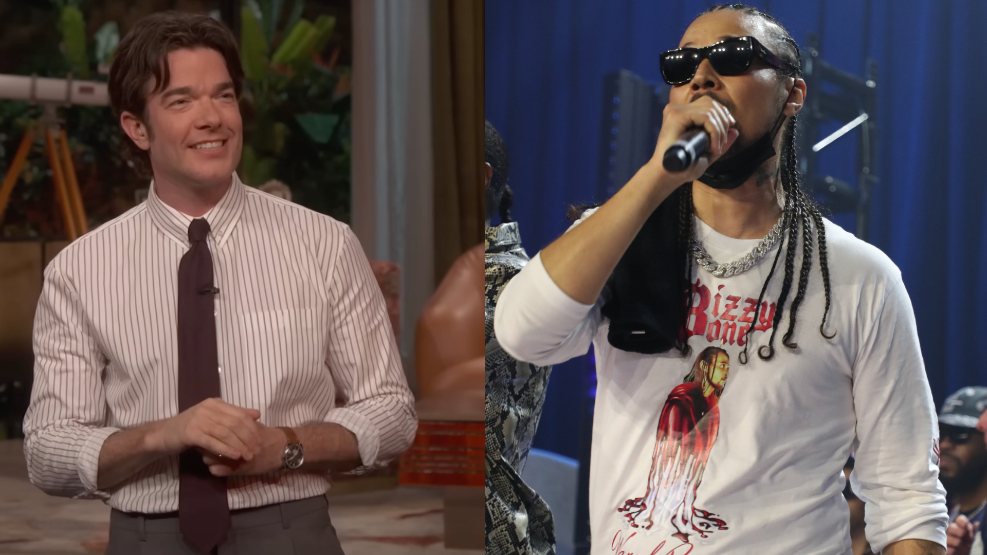 John Mulaney smiling in a striped shirt and tie; Bizzy Bone performing with sunglasses and microphone, wearing a graphic tee.