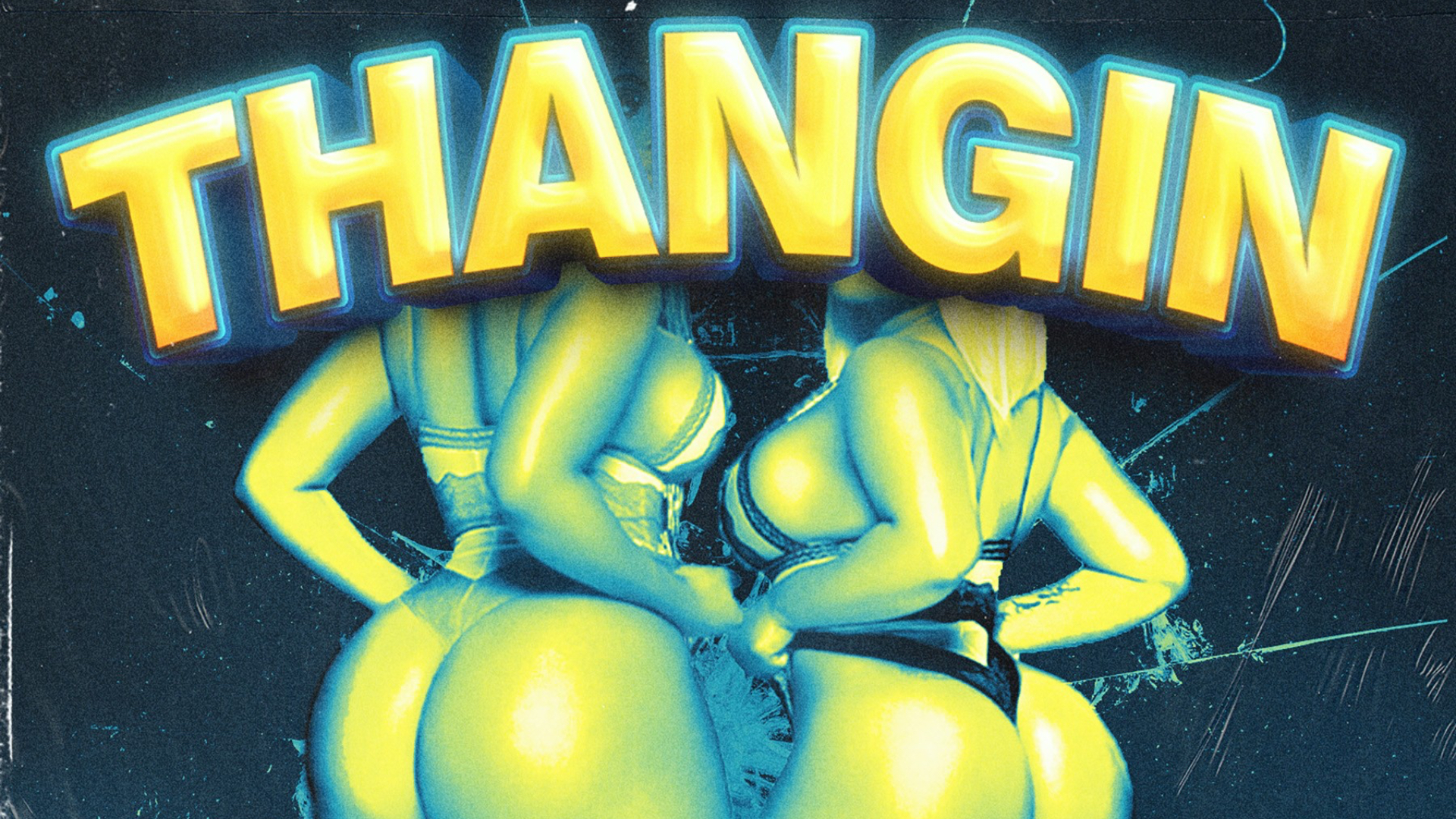 The image features the word "THANGIN" in bold yellow letters above two women in bikinis, stylized in a blue and yellow color scheme.