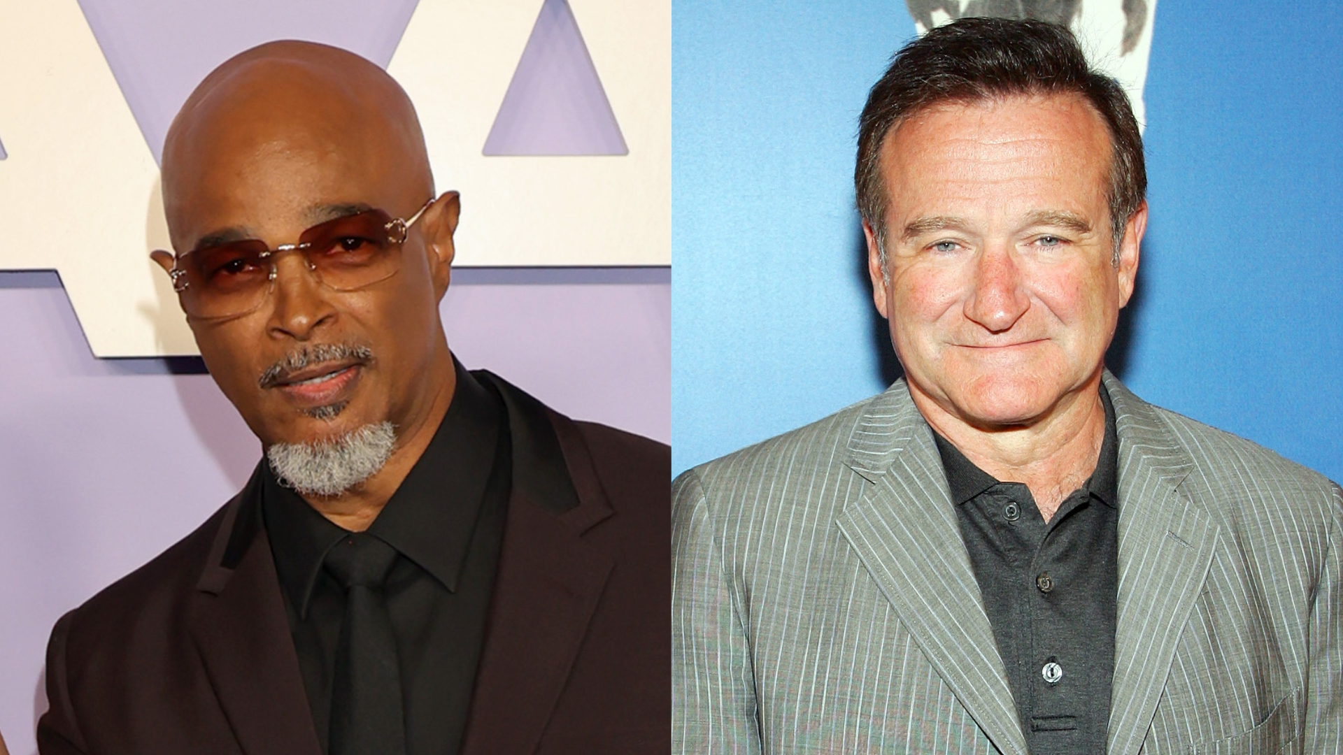 Two images side by side: On the left, a man with sunglasses and a goatee; on the right, Robin Williams in a striped suit.