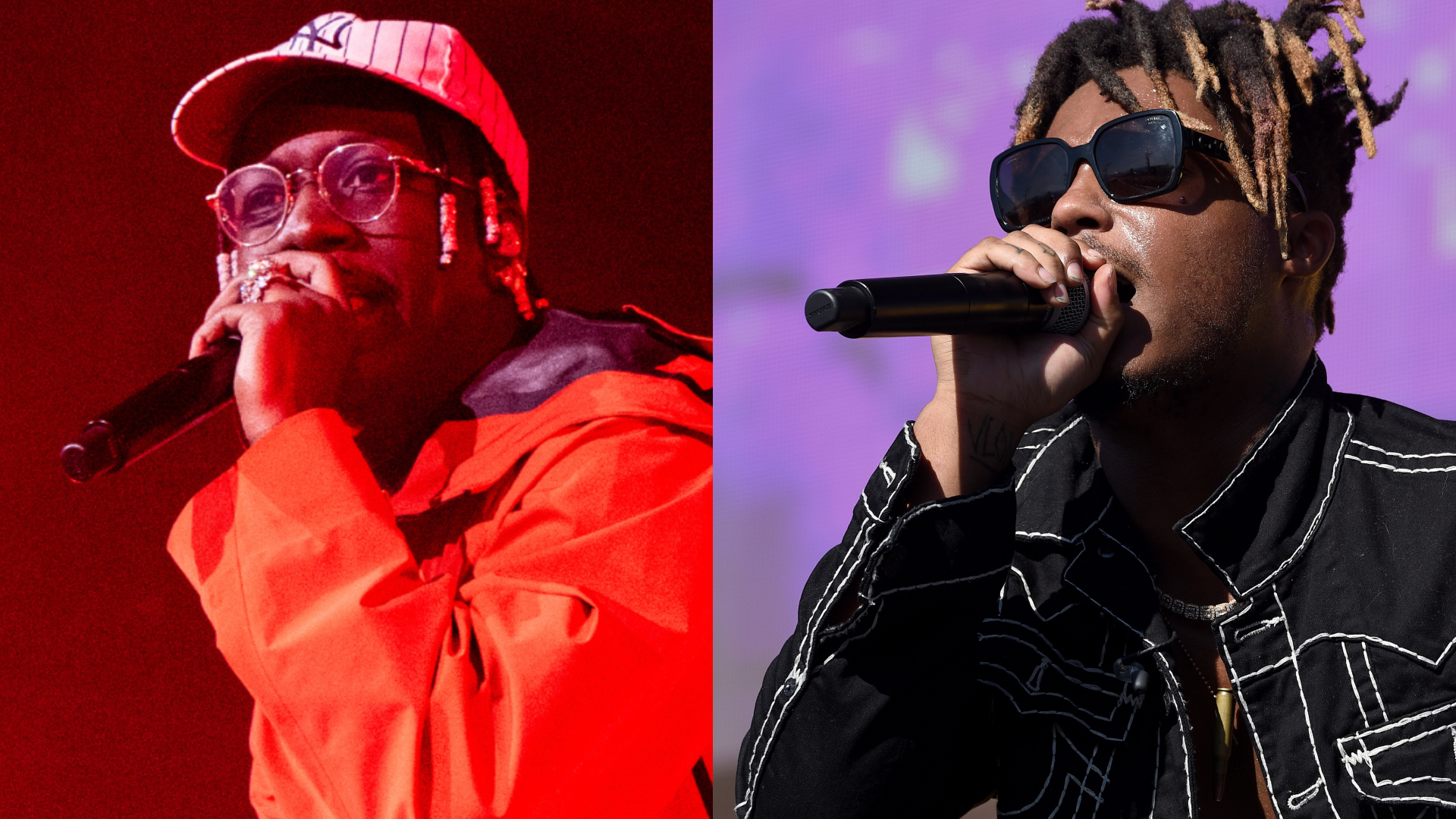 Lil Yachty in a red outfit with a cap and glasses, Juice WRLD in a black jacket with sunglasses and blond-tipped hair.