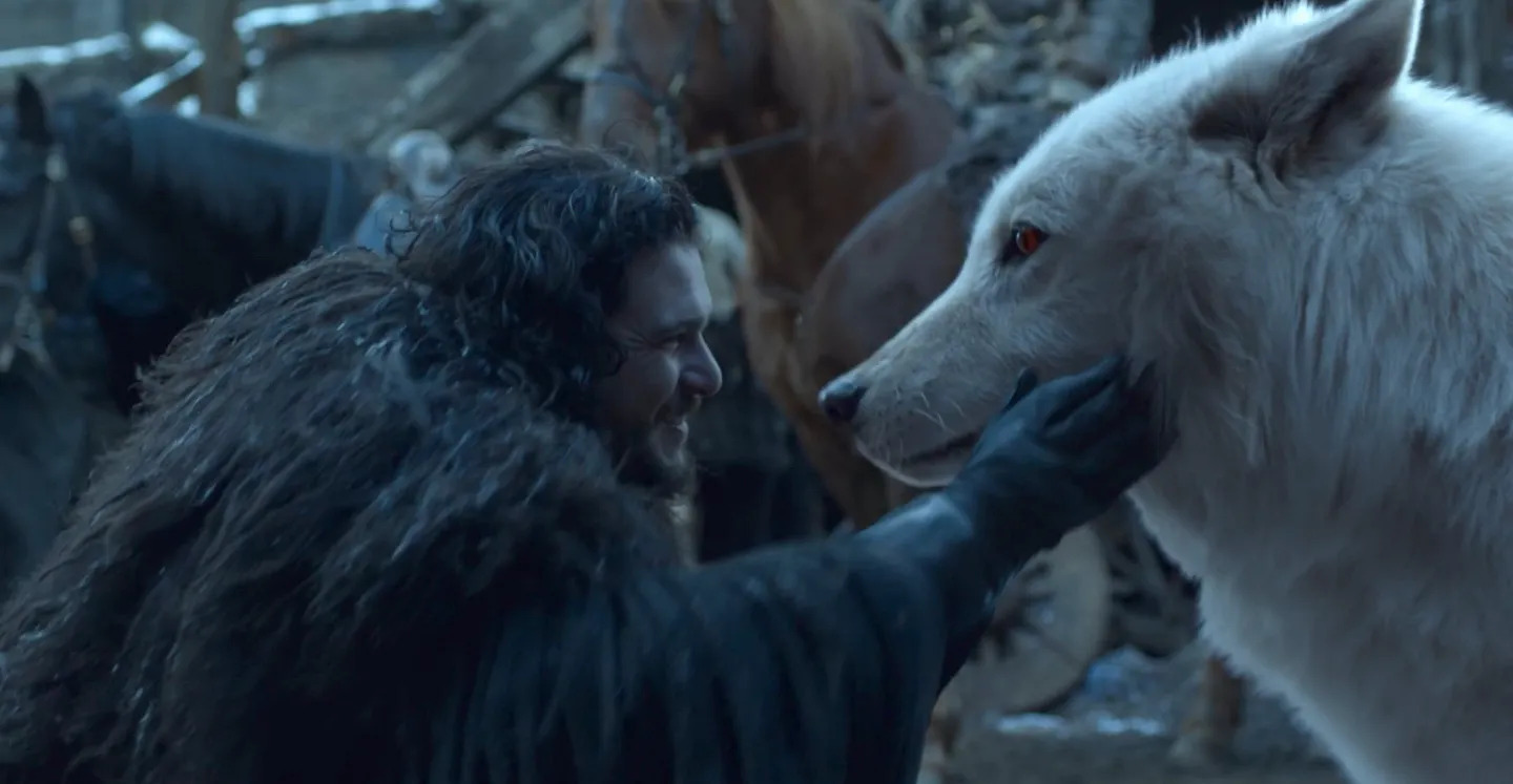 A man with long hair and a fur cloak pets a large white direwolf in a snowy setting, resembling a scene from "Game of Thrones."