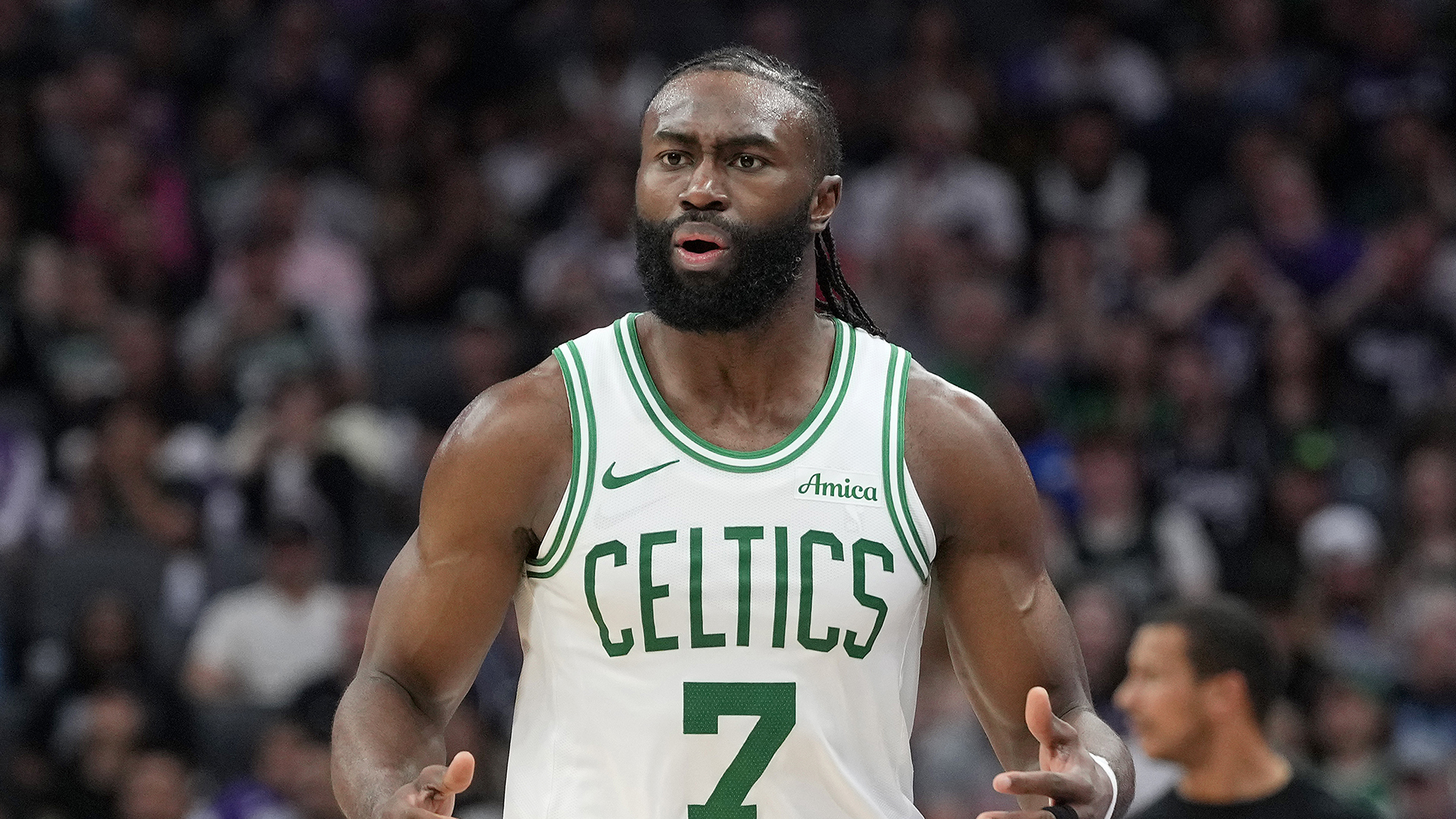 Jaylen Brown #7 of the Boston Celtics reacts after a no foul call against the Sacramento Kings during the second half of an NBA basketball game at Golden 1 Center on March 24, 2025 in Sacramento, California.