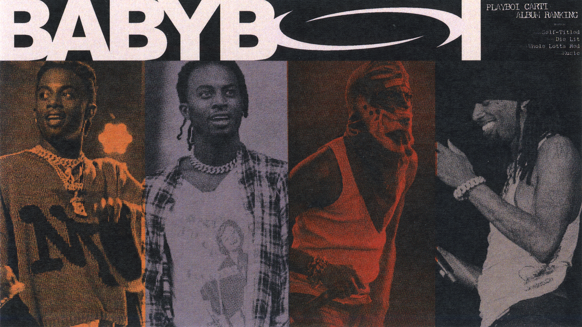 Four images of Playboi Carti in different outfits and poses, with "BABYBOY" text above.