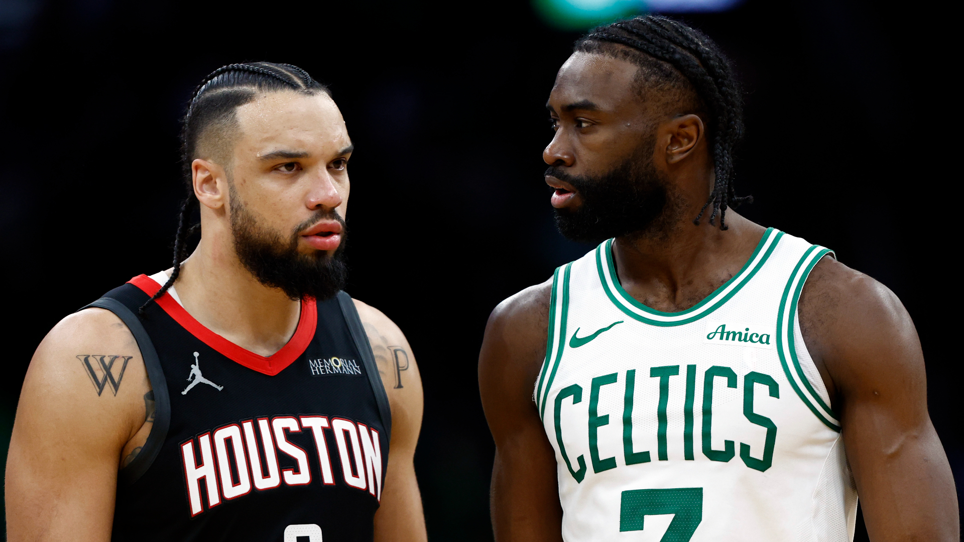 Dillon Brooks and Jaylen Brown stand next to each other.