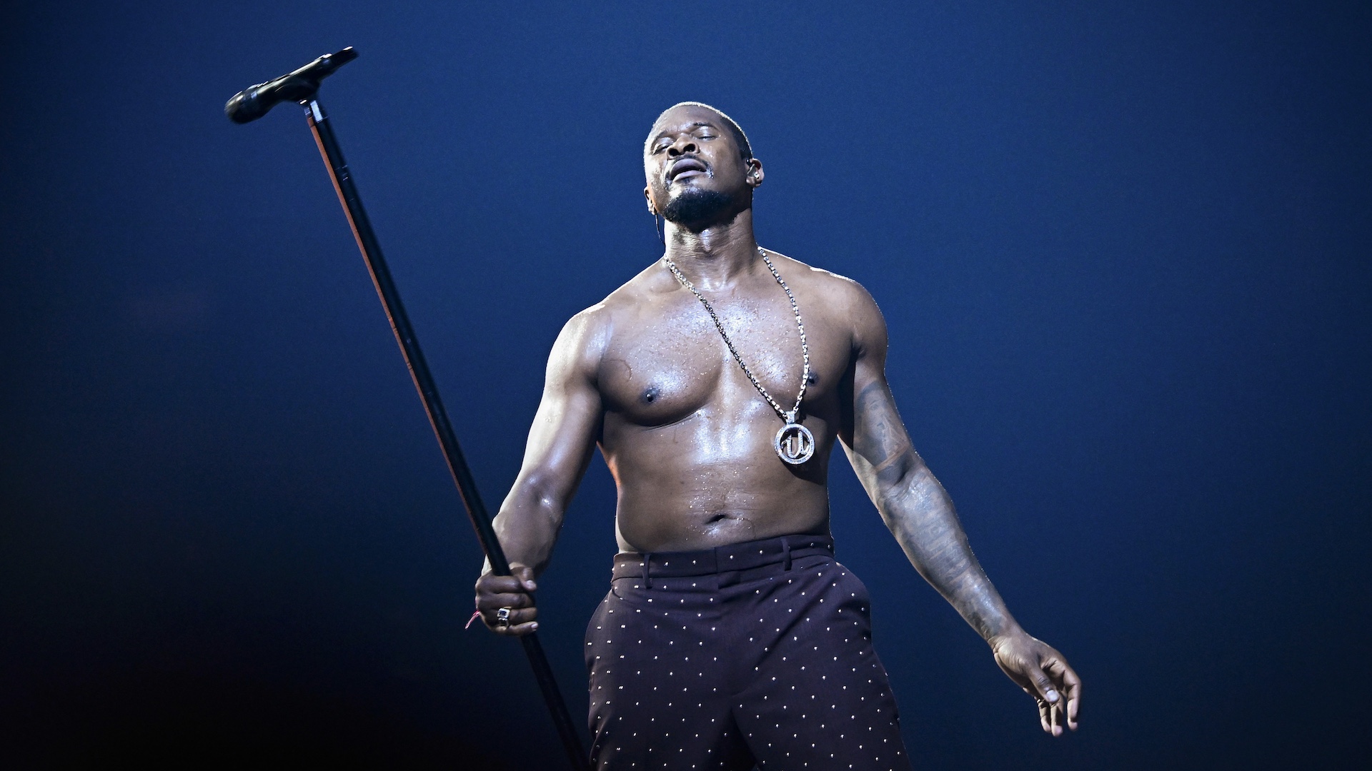A shirtless man holding a microphone stand, performing on stage against a dark blue background.