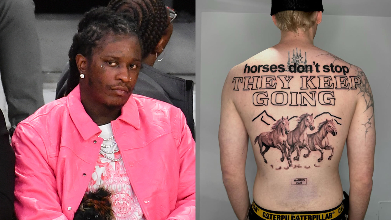 A tweet by Young Thug showing a fan with a large back tattoo of incorrect song lyrics and images of horses.
