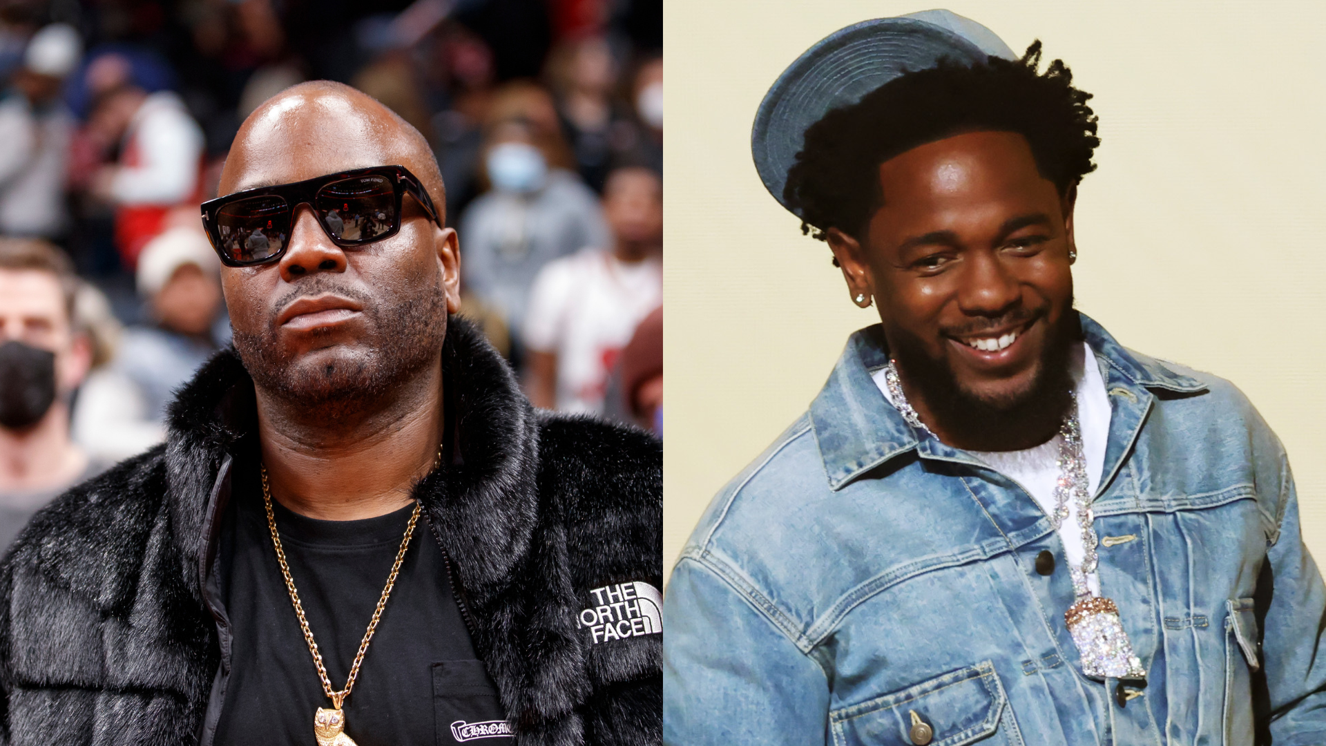 A split image of two men. The left is wearing sunglasses and a fur coat; the right is smiling in a denim jacket and hat.