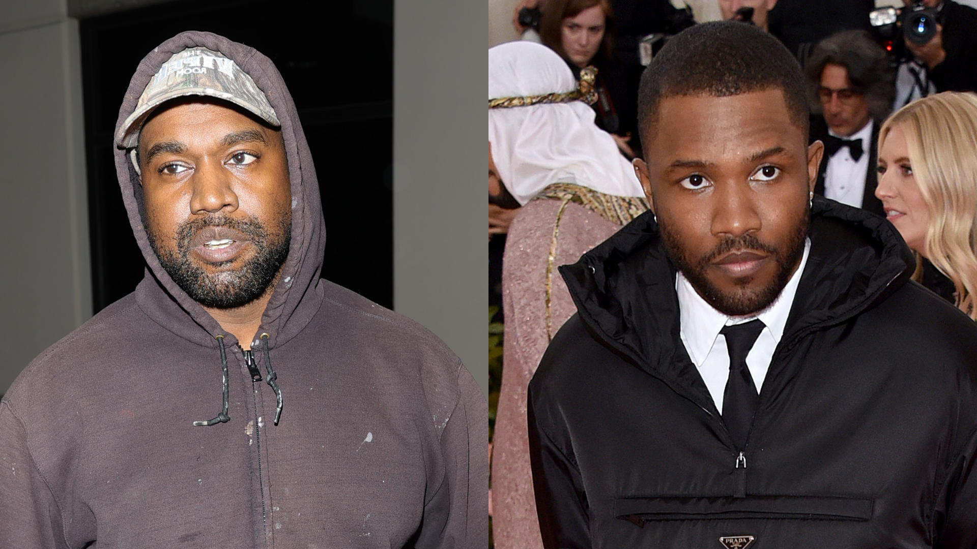 Kanye West in a hoodie and cap on the left, Frank Ocean in a suit at an event on the right.