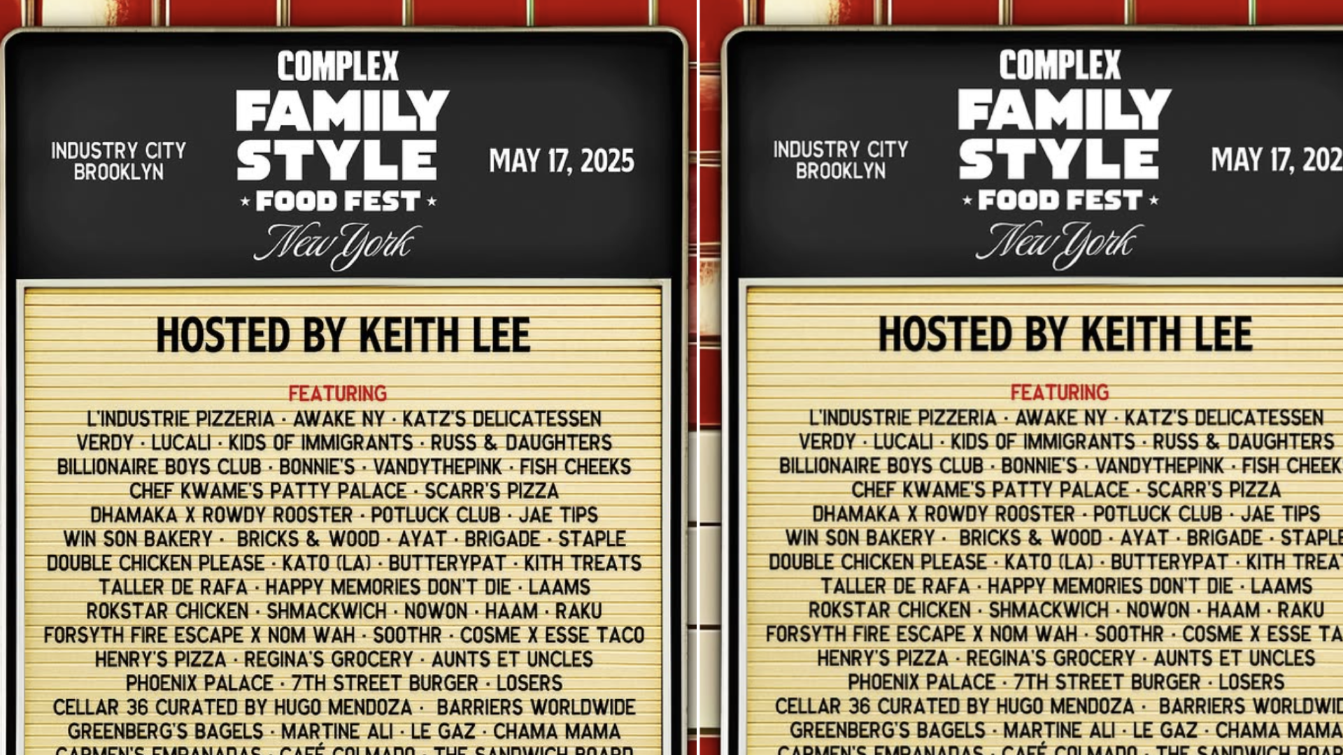 Poster for "Complex Family Style Food Fest" on May 17, 2025, in Brooklyn, New York. Hosted by Keith Lee, featuring various eateries.