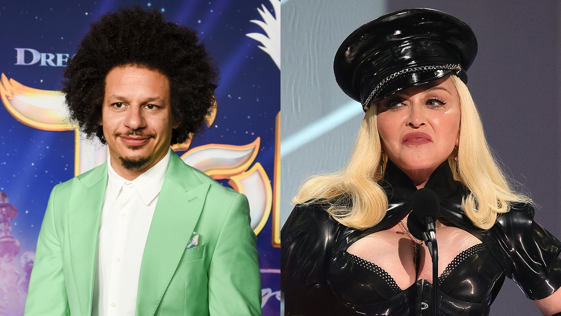 Eric André in a green suit at an event; Madonna in a black leather outfit and hat at a microphone.