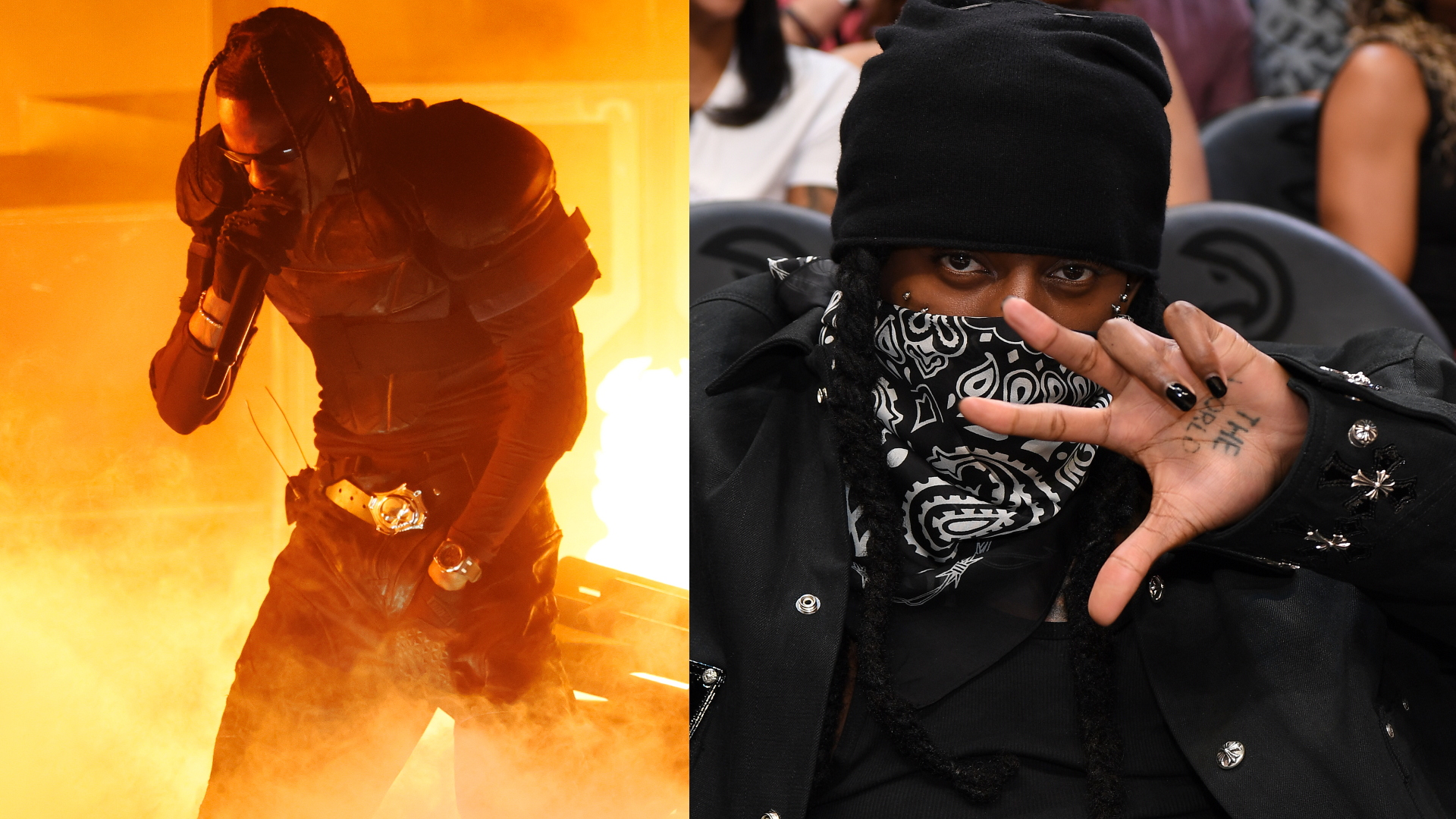 Travis Scott performing in a dark outfit with fiery background; Playboi Carti in a black beanie and bandana gestures at the camera.