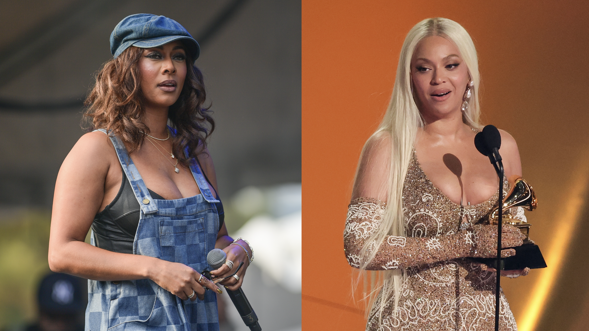 (L) Keri Hilson performs onstage during 2024 One Music Festival at Central Park on October 27, 2024 in Atlanta, Georgia. (R) Beyoncé at the 67th GRAMMY Awards held at the Crypto.com Arena on February 2, 2025 in Los Angeles, California.