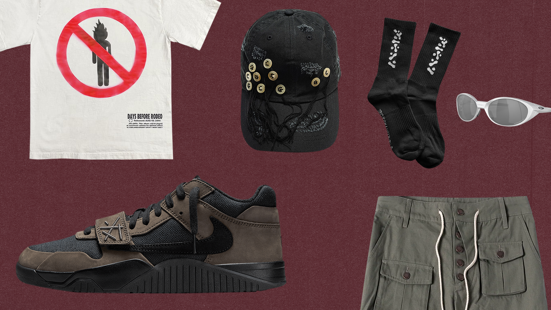 A collage of fashion items: a white T-shirt with a red circle and line graphic, a black cap with buttons, black socks, sunglasses, green cargo skirt, and black sneakers. travis scott nike 