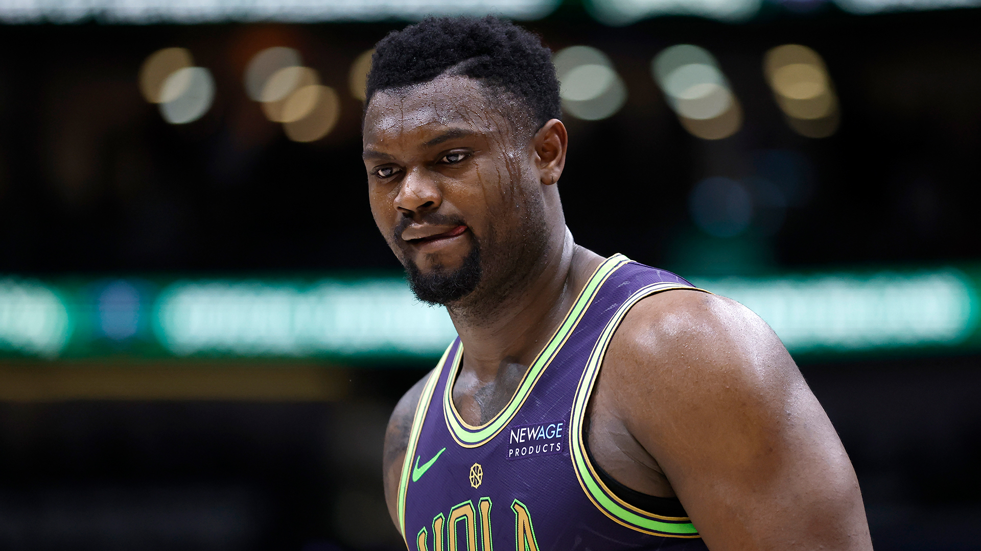 Zion Williamson #1 of the New Orleans Pelicans reacts to a play during a game against the Detroit Pistons at Smoothie King Center in New Orleans, Louisiana. 