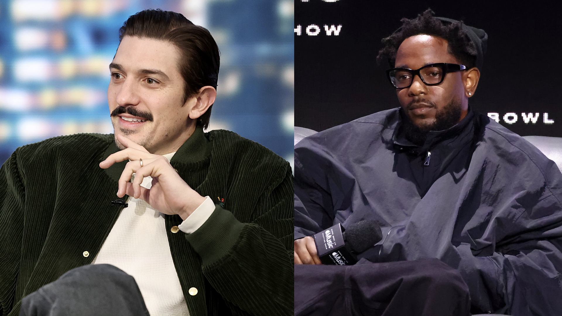 Andrew Schulz visits "The Will Cain Show" at Fox News Channel Studios on March 14, 2025 in New York City/ Kendrick Lamar speaks during the Super Bowl LVIX Pregame & Apple Music Super Bowl LVIX Halftime Show Press Conference at Ernest N. Morial Convention Center on February 06, 2025 in New Orleans, Louisiana.