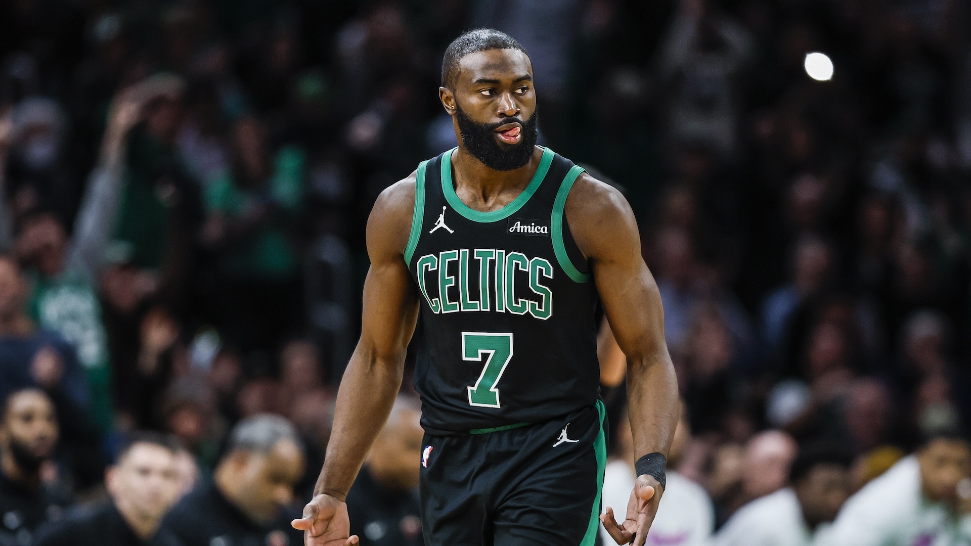 Boston Celtics SG Jaylen Brown reacts after hitting a 3-pointer in the second half. 