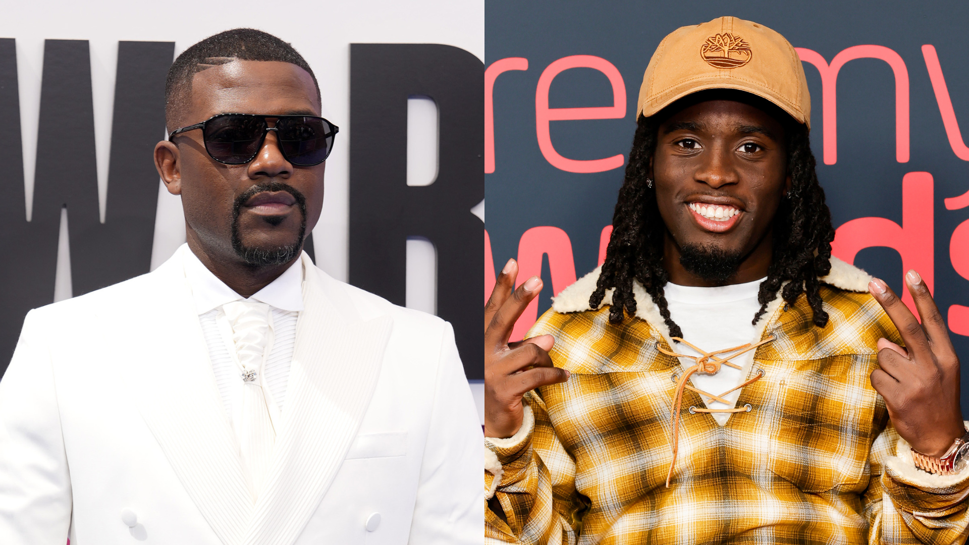 Ray J in a white suit and sunglasses; Kai Cenat in a yellow plaid shirt and cap, smiling and posing with peace signs.