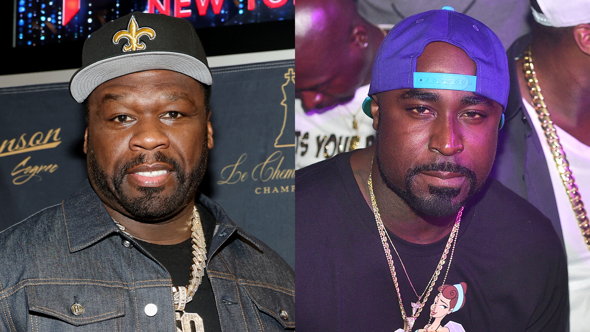 Two images side by side: Left shows 50 Cent in a dark jacket and cap, right shows Young Buck in a blue cap and black shirt.