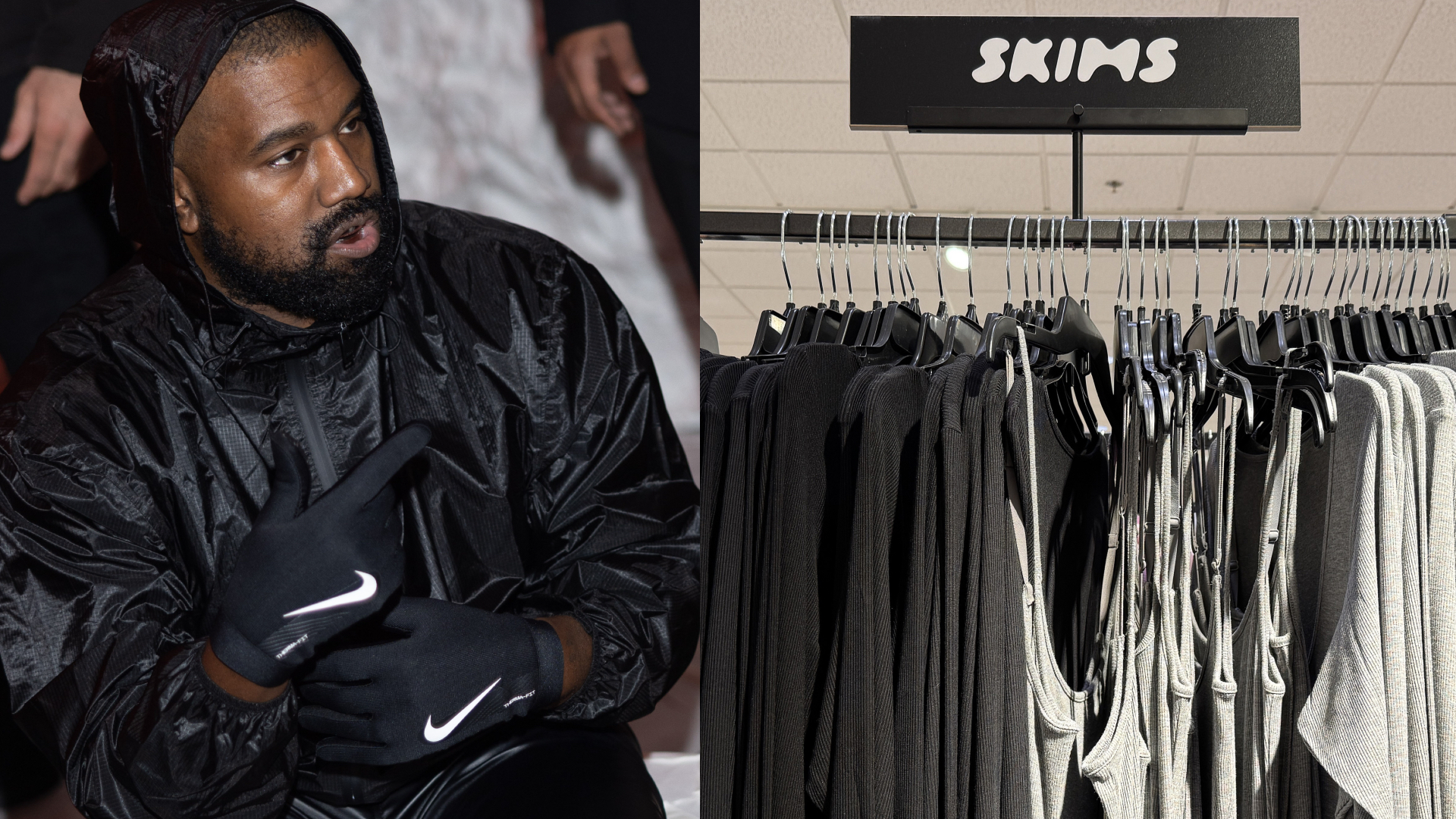 Kanye West in a black outfit and gloves on the left, with a SKIMS clothing rack displaying gray garments on the right.