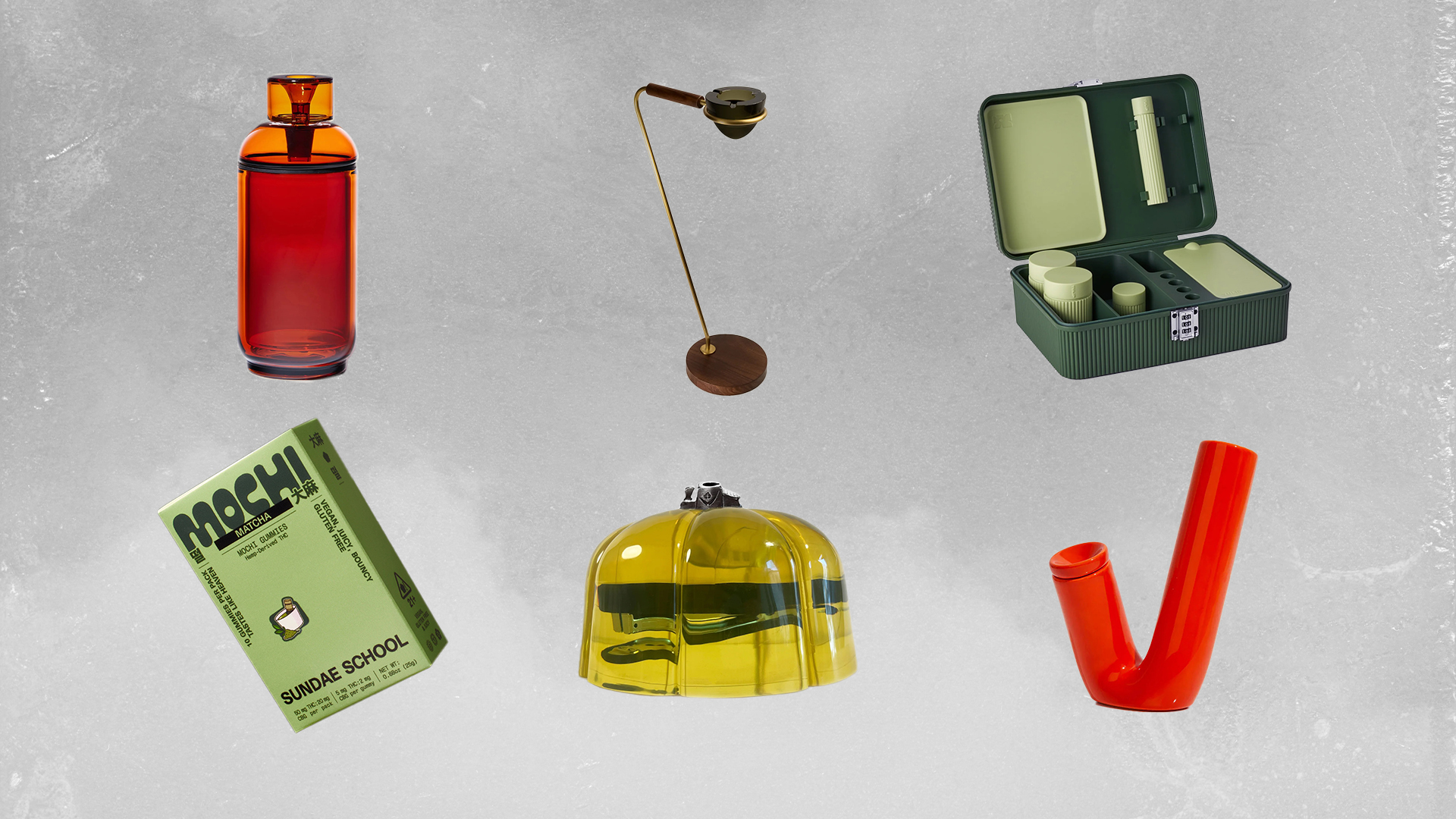 A collage of various items: a red bottle, a modern lamp, a green case with contents, a green box, a yellow dome-shaped object, and a red pipe.