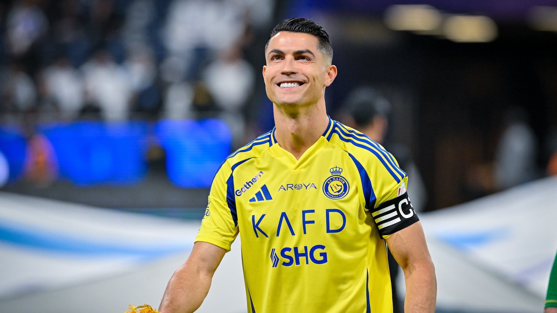 RIYADH, SAUDI ARABIA - APRIL 04: Cristiano Ronaldo of Al Nassr before the Saudi Pro League match between Al Hilal v Al Nassr in the Kingdom Arena on April 04, 2025 in Riyadh, Saudi Arabia.