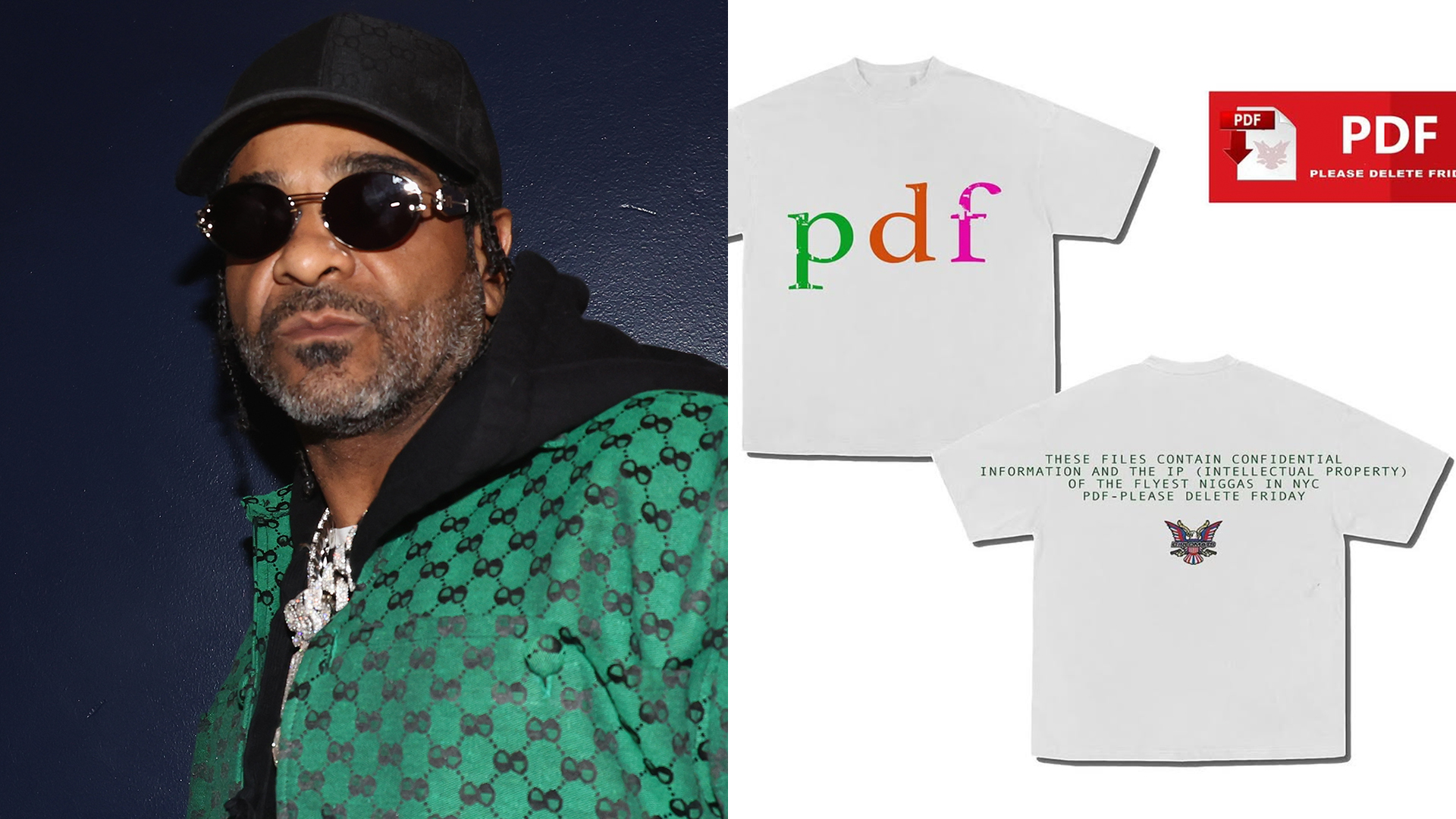Jim Jones in a green Gucci jacket, sunglasses, and a black cap, standing against a dark blue background alongside a screenshot of his Instagram post teasing a 'PDF' t-shirt.