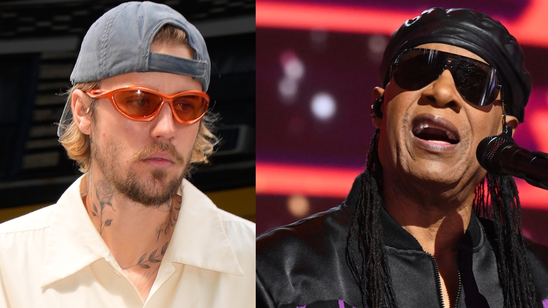 (L) Justin Bieber in a casual outfit with a cap and sunglasses. (R) Stevie Wonder performing with sunglasses and a headband.