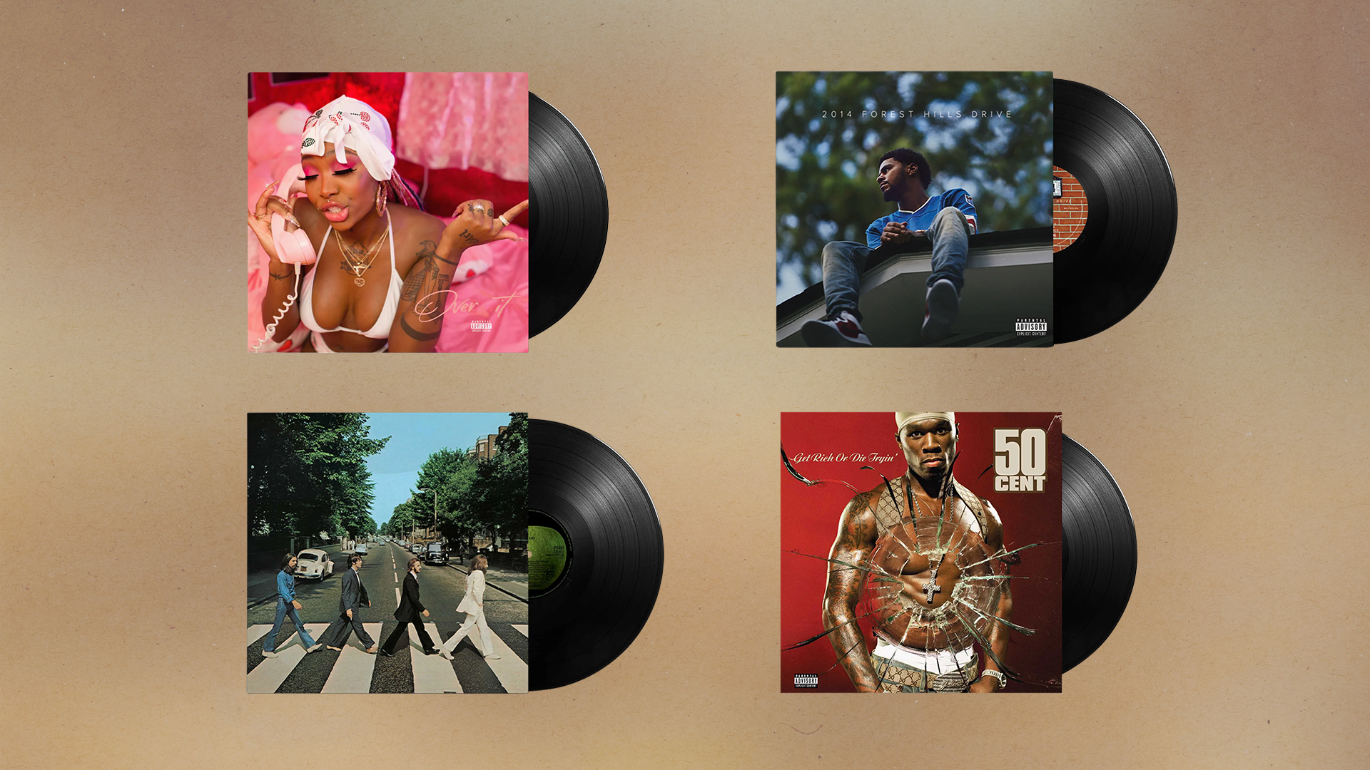 Four vinyl album covers: Summer Walker's "Over It," J. Cole's "2014 Forest Hills Drive," The Beatles' "Abbey Road," and 50 Cent's "Get Rich or Die Tryin'."