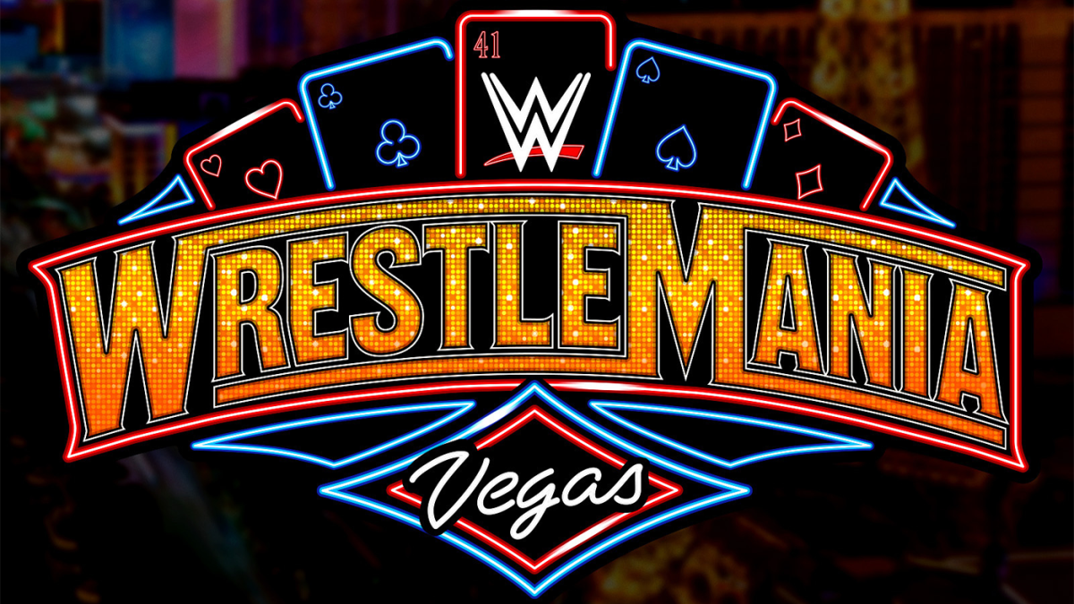 Logo for WWE WrestleMania 41 in Las Vegas, featuring playing card suits and bright neon lights.