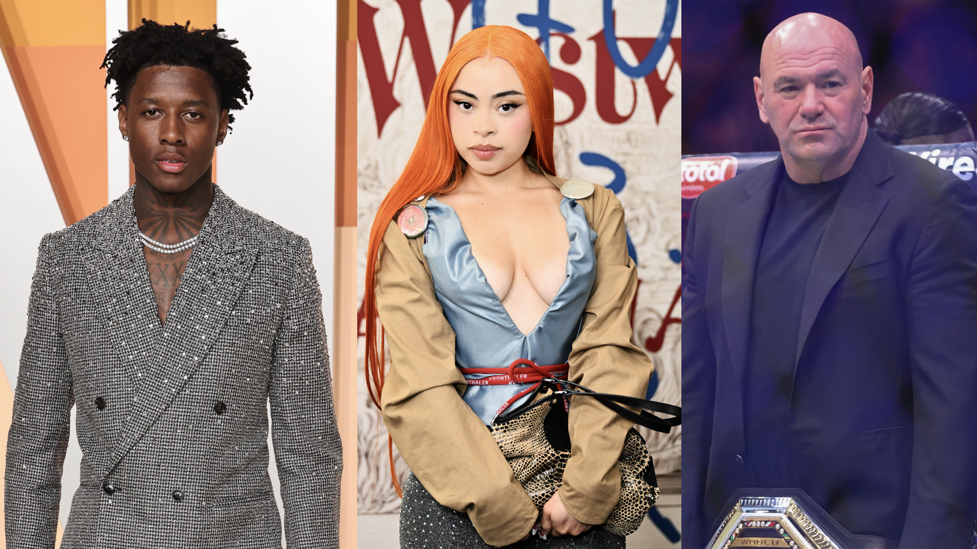 (L) Sauce Gardner attends the 2025 Vanity Fair Oscar Party Hosted By Radhika Jones at Wallis Annenberg Center for the Performing Arts on March 02, 2025 in Beverly Hills, California. (Center) Ice Spice attends the Andreas Kronthaler For Vivienne Westwood AW25/26 runway show during Paris Fashion Week Womenswear Fall/Winter 2025-2026 at Pavillon Cambon on March 8, 2025 in Paris, France. (R) CEO of UFC Dana White looks on after a light heavyweight title fight during UFC 313 at T-Mobile Arena on March 08, 2025 in Las Vegas, Nevada.