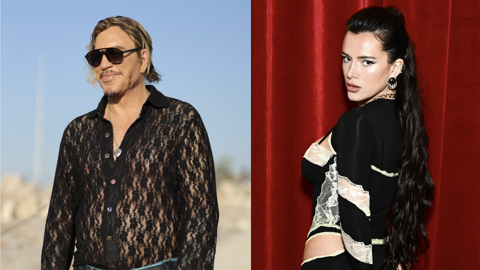(L) Mickey Rourke visits the Acropolis on September 10, 2020 in Athens, Greece. (R) Bella Thorne attends the Marine Serre Womenswear Fall/Winter 2025-2026 show as part of Paris Fashion Week at Hotel de la Monnaie on March 10, 2025 in Paris, France.