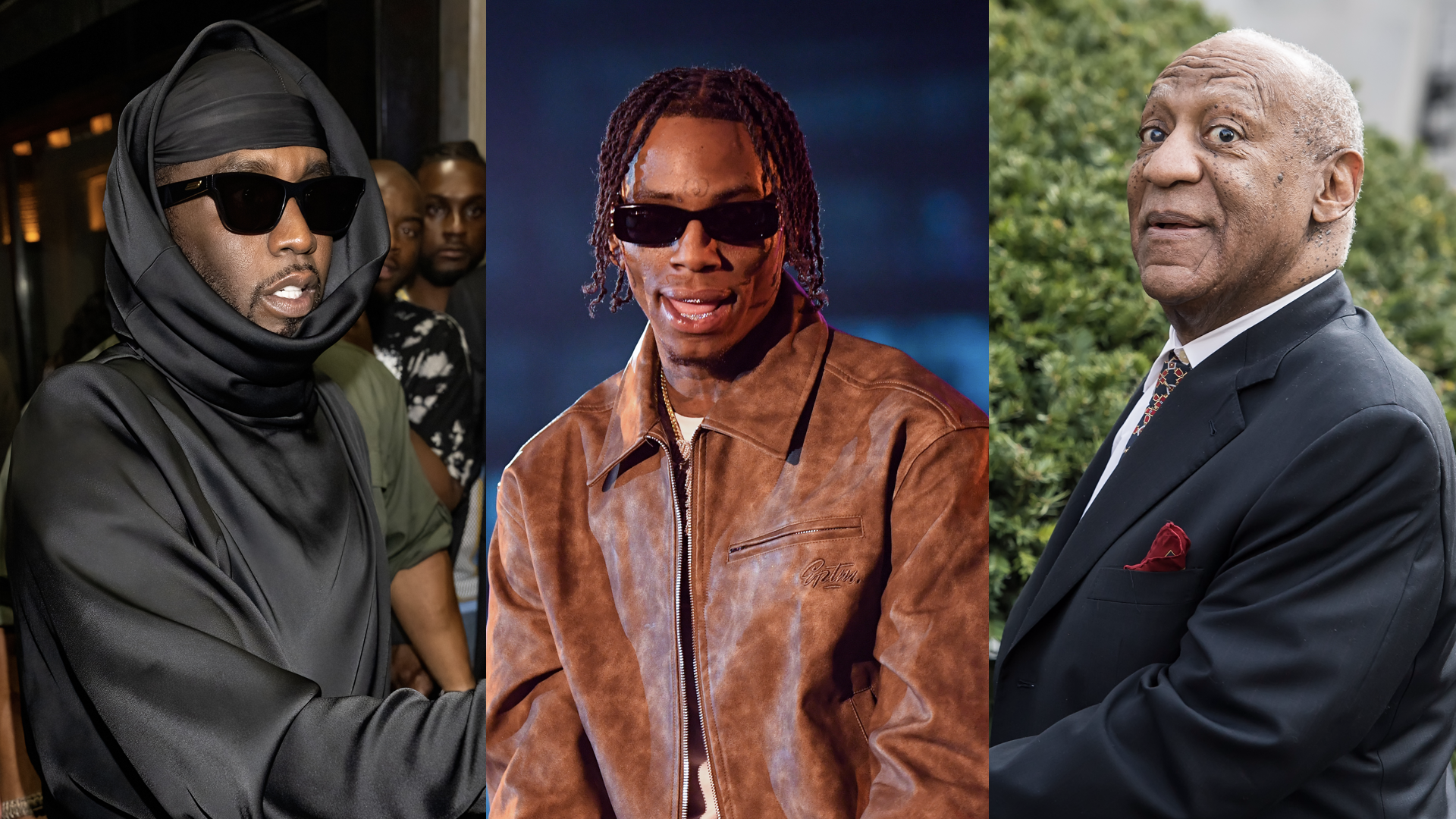 (L) Sean ‘Diddy‘ Combs is seen arriving to the VMAs After Party Hosted by Diddy on September 13, 2023 in New York City. (Center) Soulja Boy performs onstage during the 2024 BET Hip Hop Awards at Drai's Beach Club Nightclub at The Cromwell Las Vegas on October 8, 2024 in Las Vegas, Nevada. (R) Actor/ stand-up comedian Bill Cosby leaving the Montgomery County Courthouse for the fifth day of his retrial for sexual assault charges on April 13, 2018 in Norristown, Pennsylvania.