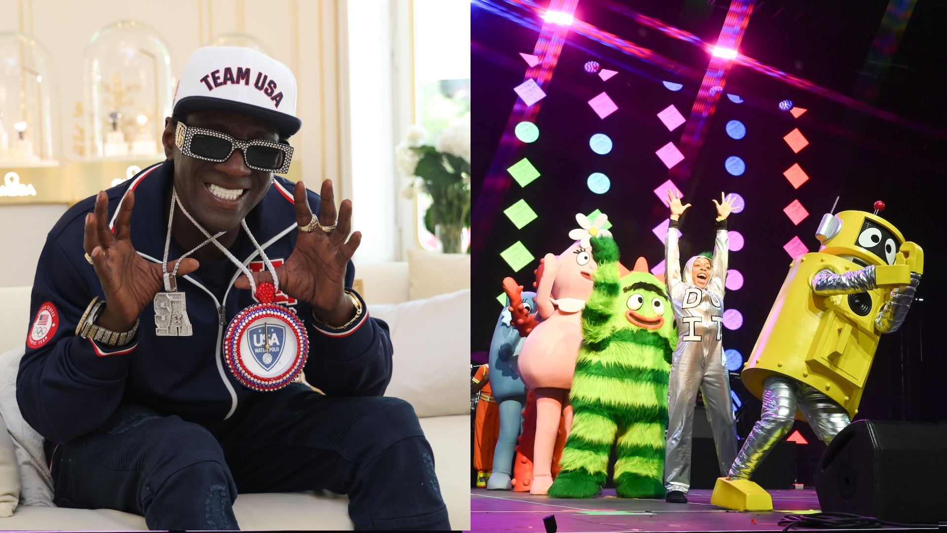 Left: Flavor Flav wearing a "TEAM USA" cap and large medallion. Right: Characters from "Yo Gabba Gabba!" performing on stage.