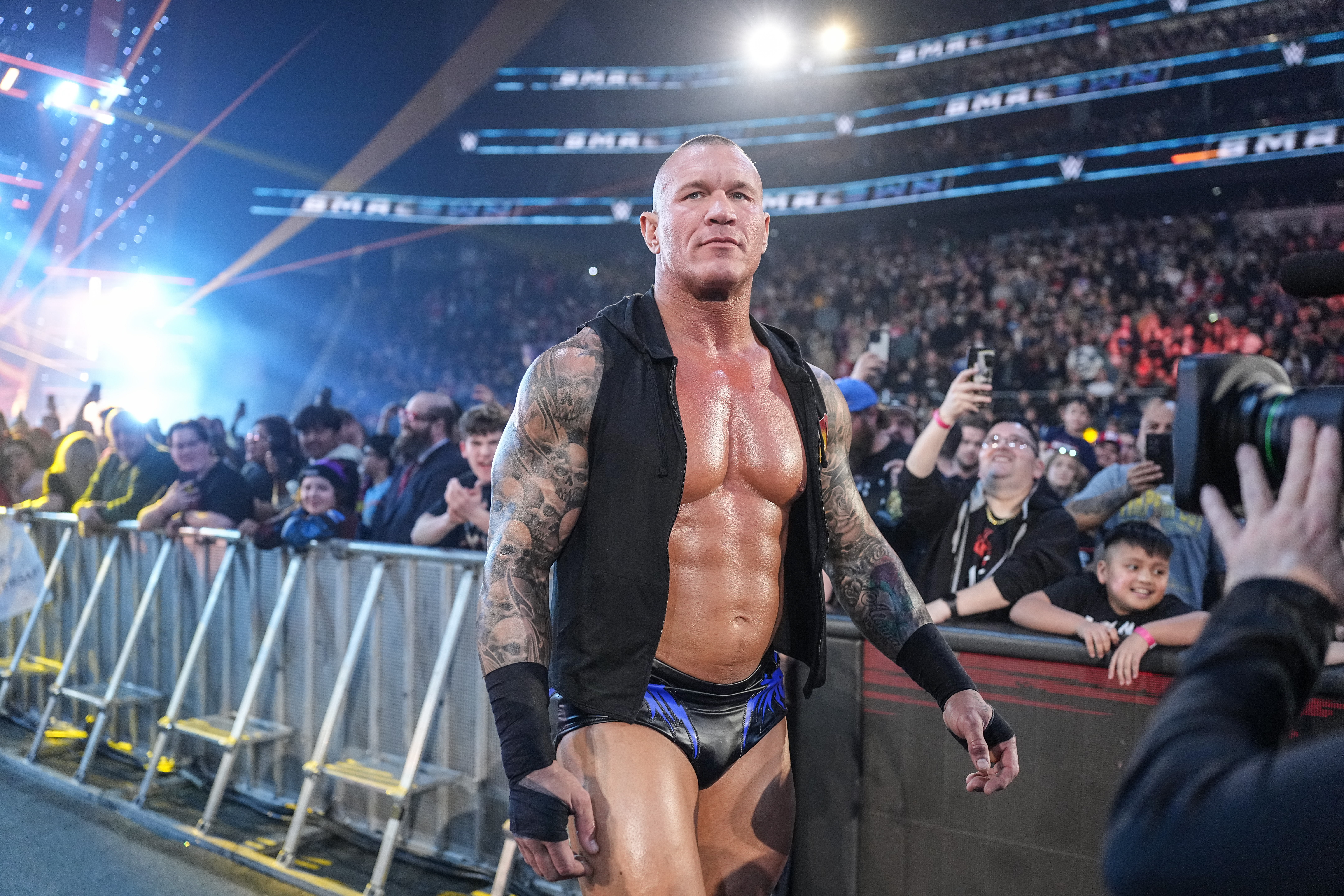 SEATTLE, WASHINGTON - APRIL 11: Randy Orton makes his entrance during SmackDown at Climate Pledge Arena on April 11, 2025 in Seattle, Washington. 