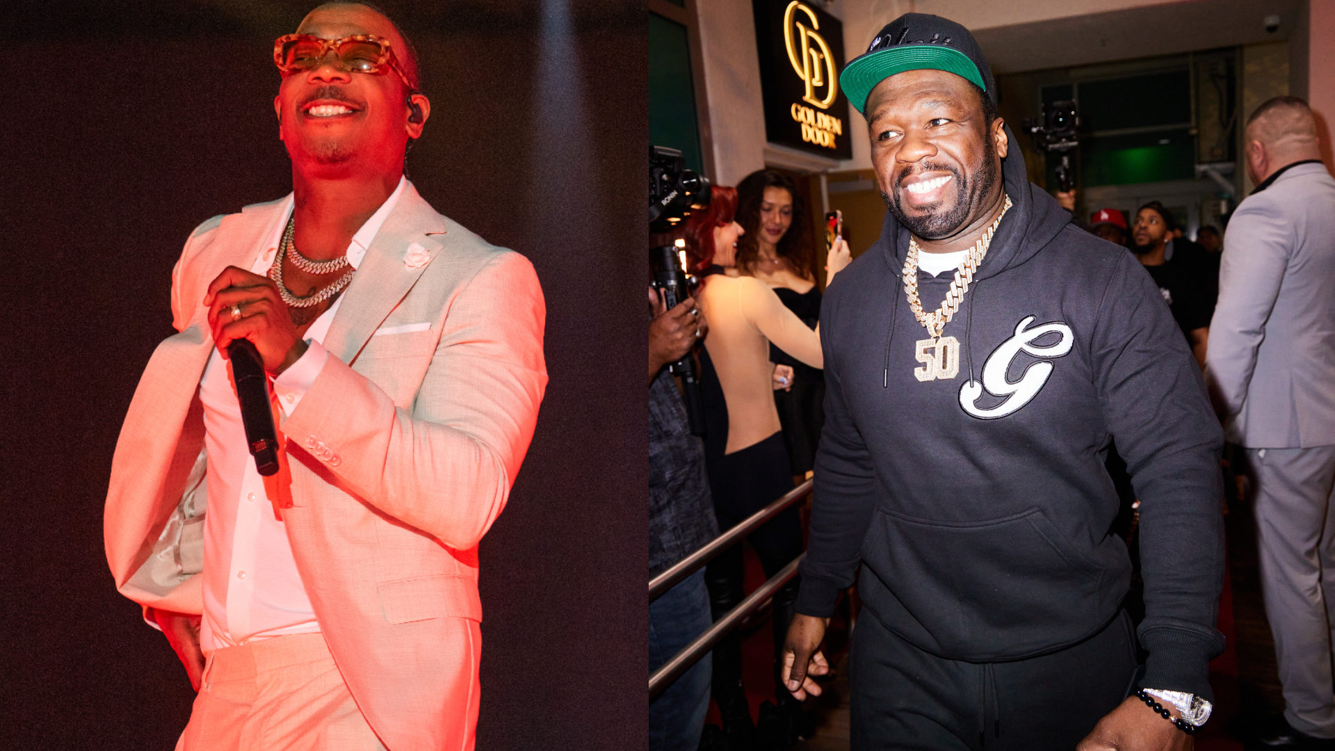 Ja Rule performing in a white suit on the left, and 50 Cent smiling in a black hoodie at an event on the right.