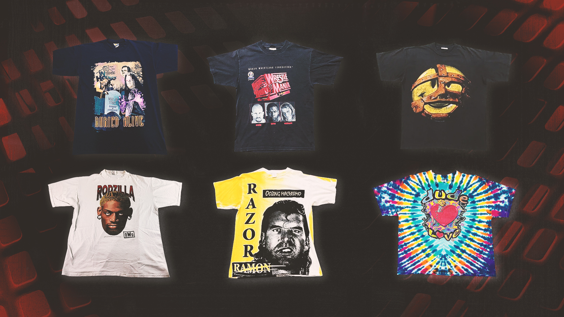A collection of six vintage wrestling graphic t-shirts featuring Stone Cold Steve Austin, Dennis Rodman, The Undertaker, WrestleMania, and more.