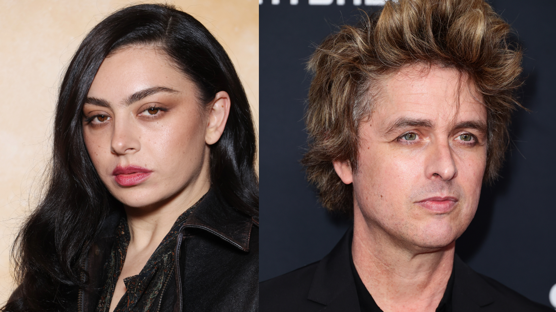 Charli XCX with long black hair and Billie Joe Armstrong with spiky hair, both looking at the camera.