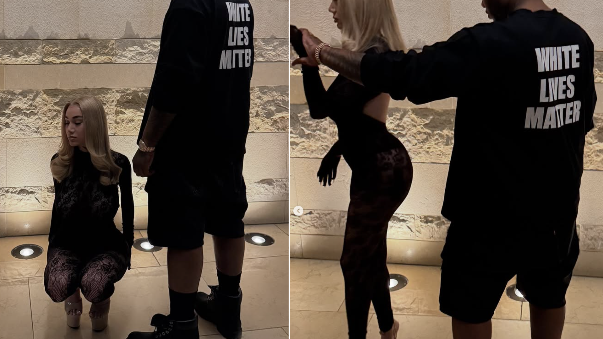 Bhad Bhabie kneeling with long blonde hair, wearing patterned pants. The father of her child, Le Vaughn, stands nearby wearing a 'White Lives Matter' shirt.