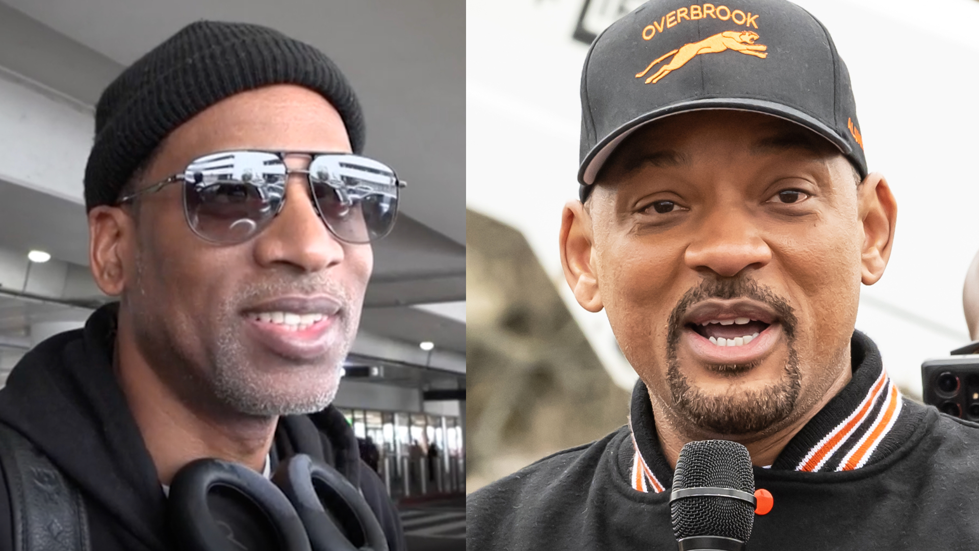 Will Smith on the right, wearing a black cap and jacket, speaking into a microphone. Tony Rock on the left with sunglasses and headphones.