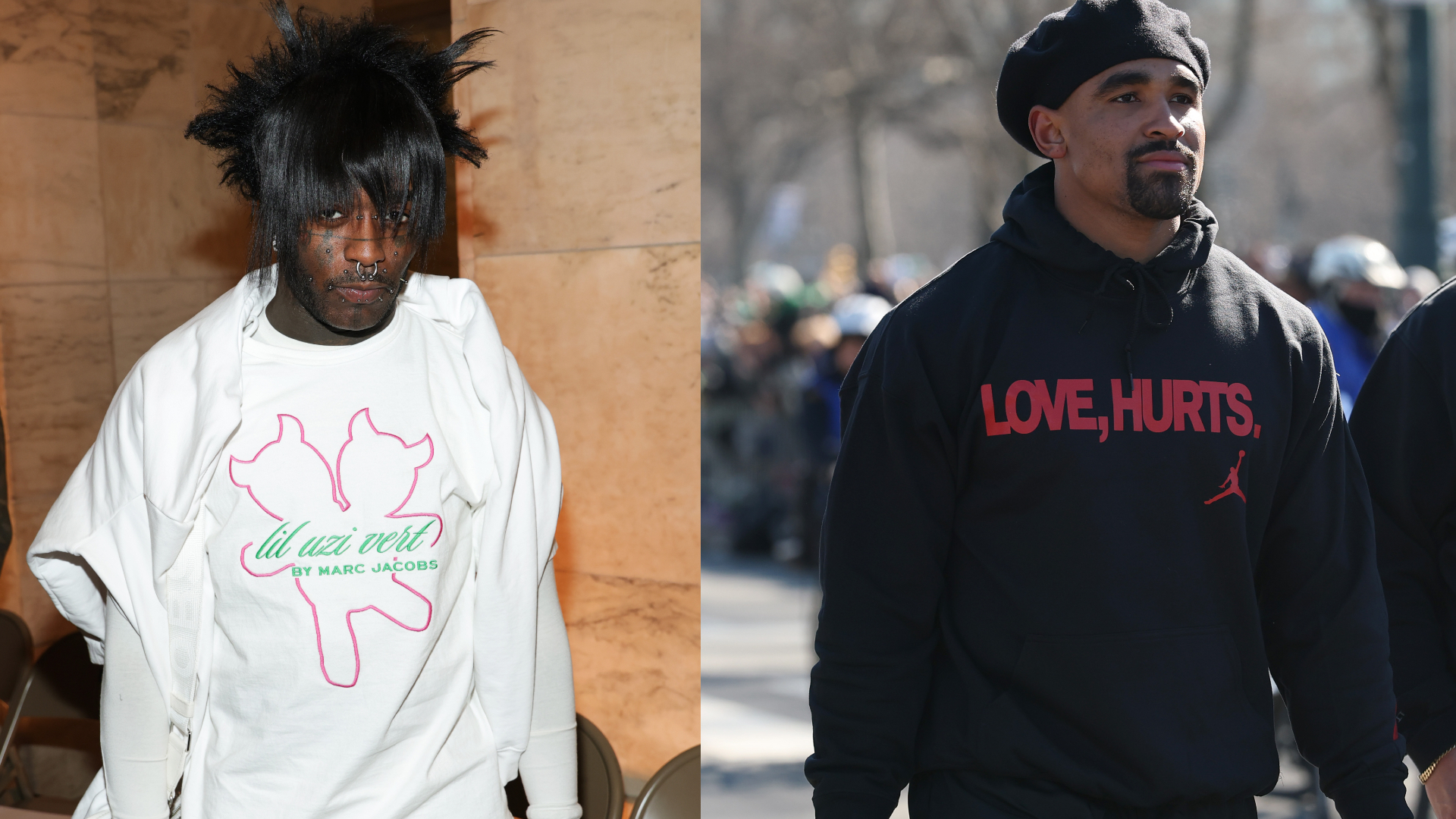 Lil Uzi Vert wears a white shirt with "Lil Uzi Vert by Marc Jacobs," Jalen Hurts wears a "Love Hurts" hoodie.