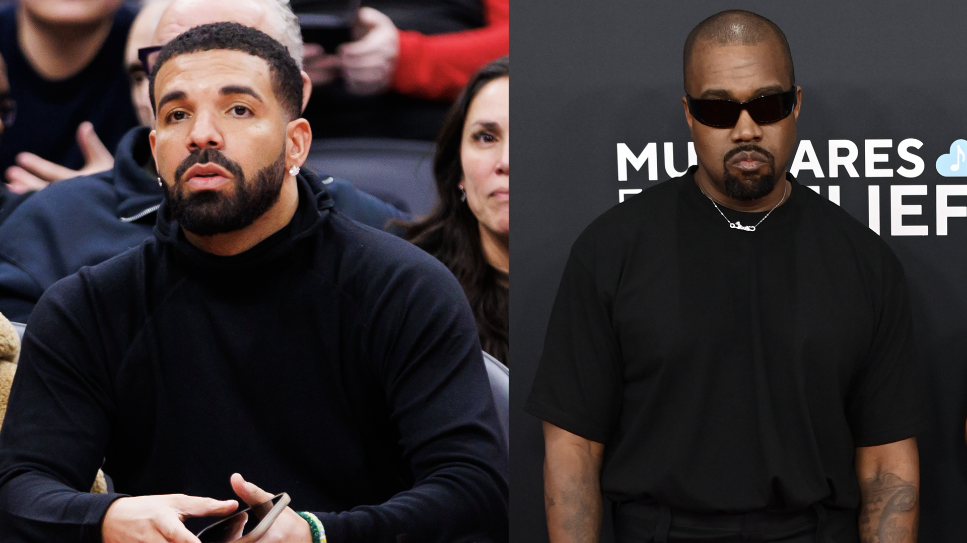 Rapper Drake is seen courtside during first half of the NBA game between the Toronto Raptors and the Golden State Warriors at Scotiabank Arena on January 13, 2025 in Toronto, Canada/Kanye West and Bianca Censori attend the 67th GRAMMY Awards on February 02, 2025 in Los Angeles, California.