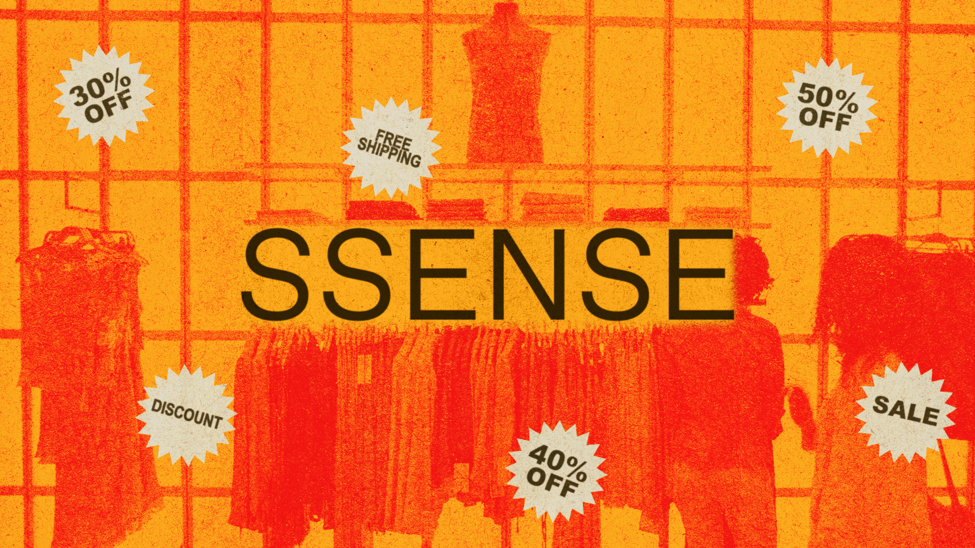 Sale advertisement with "SSENSE" text, surrounded by discount tags like "30% OFF," "50% OFF," "40% OFF," "Free Shipping," and "SALE."
