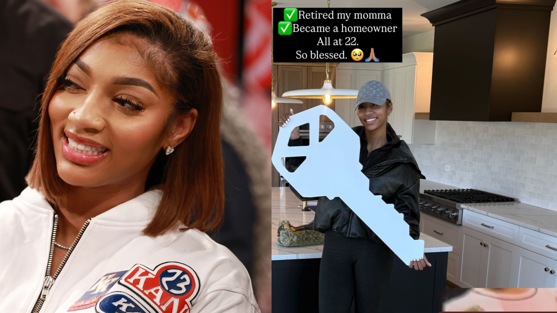 {"Retired my momma" and "Became a homeowner" text overlay. Left: Angel Reese smiling in a white jacket. Right: A large key in a kitchen.}
