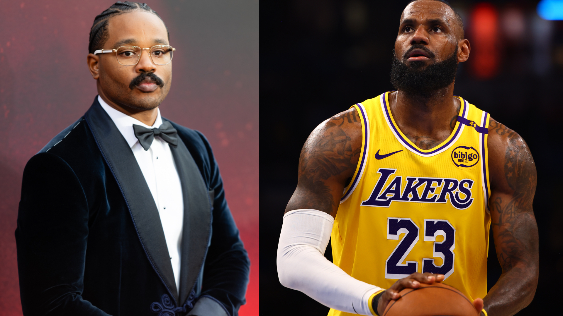 Ryan Coogler in a suit and LeBron James in a Lakers jersey.