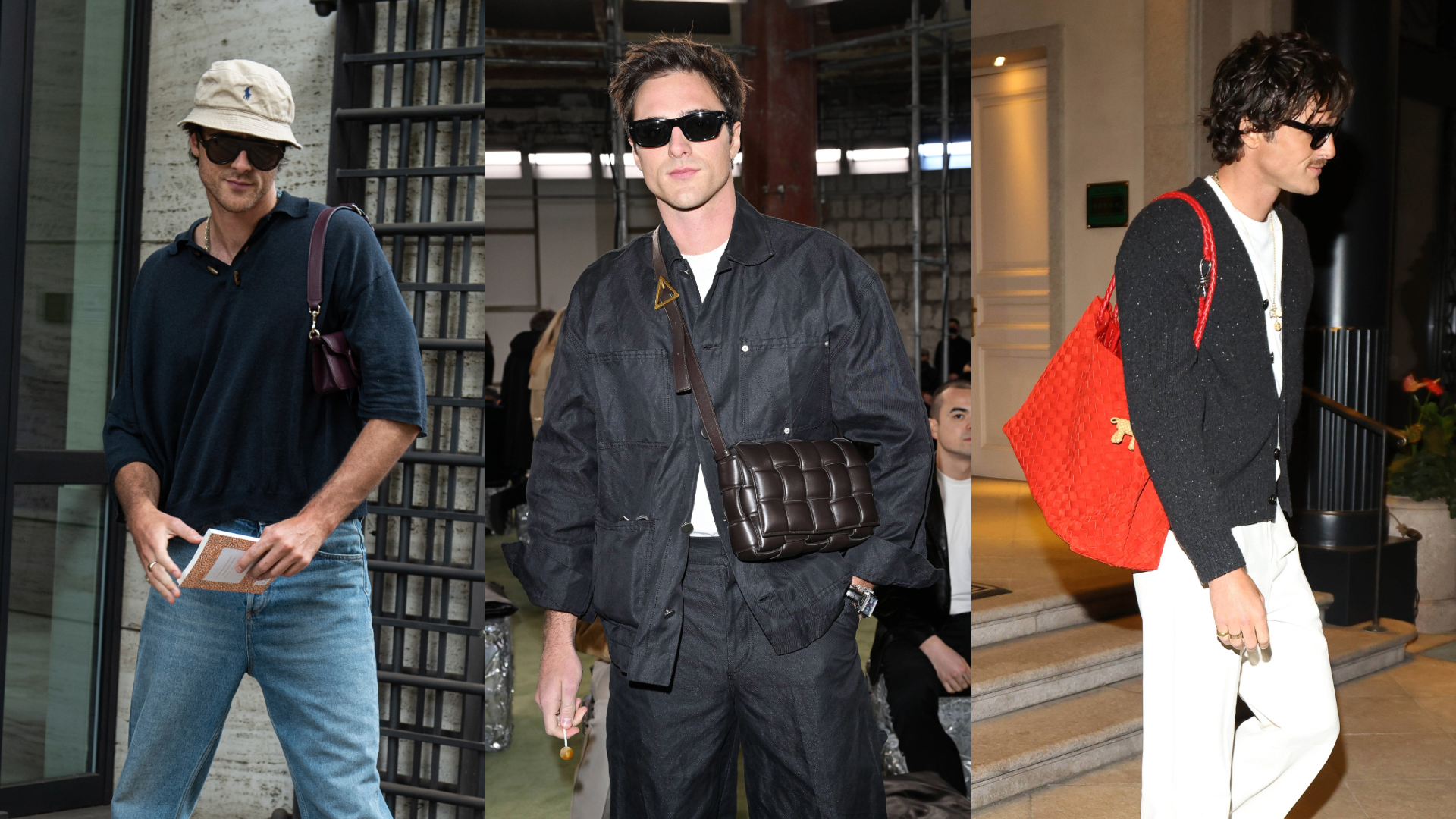 Three men in stylish outfits, each wearing sunglasses and carrying bags. The first wears a bucket hat and jeans, the second a black jacket, and the third a black cardigan with a red bag.