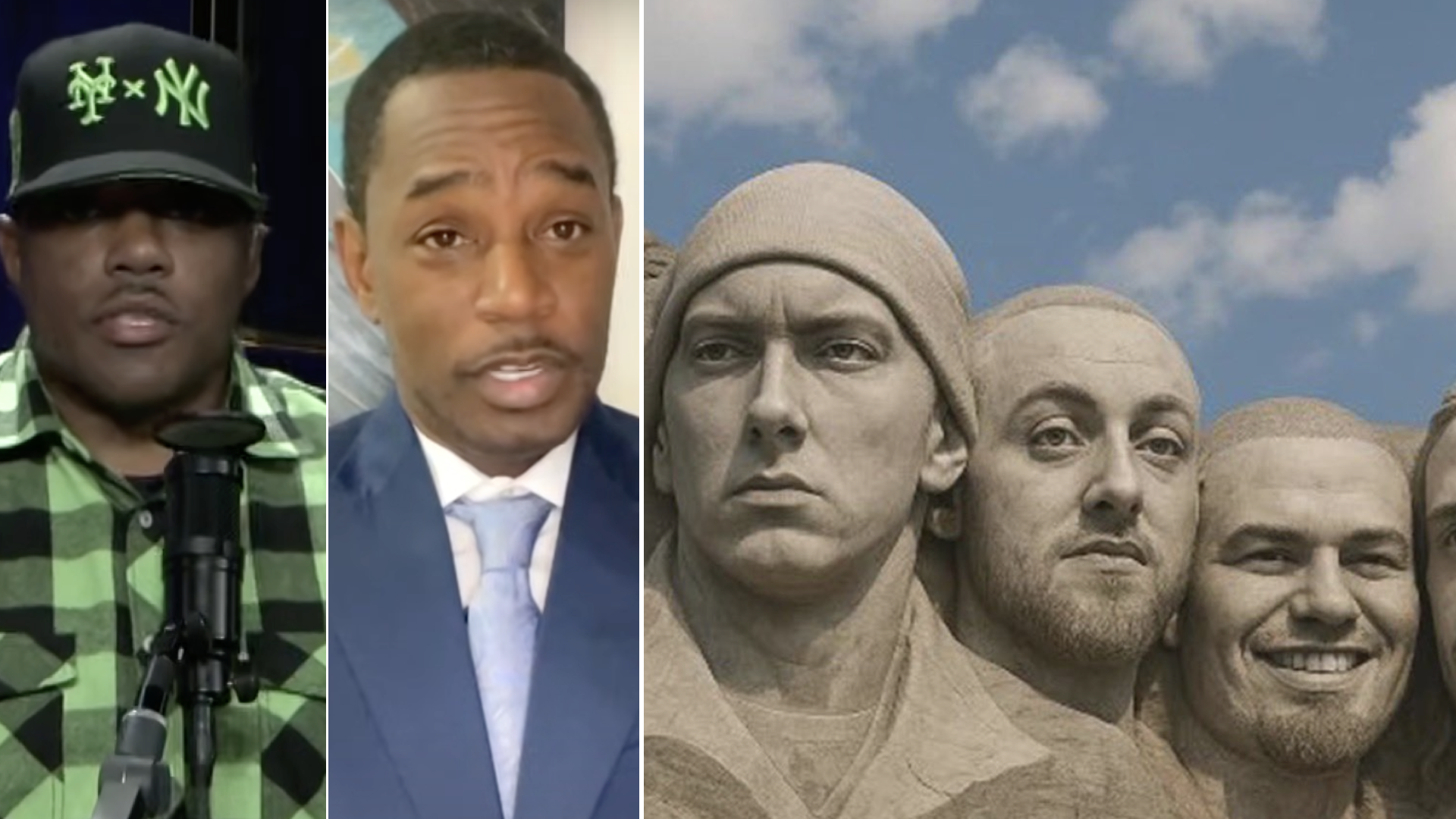 Mase is far left, speaking into a microphone. He is wearing a black Mets times Yankees hat with the teams' logos in lime green. He is wearing a black and lime green checkered shirt. Next to him is Cam'ron, in a suit. To their right is a White Rapper Mount Rushmore with the heads of Eminem, Mac Miller, and Paul Wall.